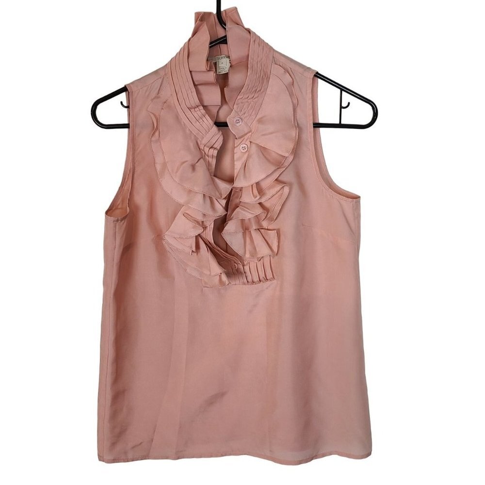 J. Crew Womens 0 Pink Sleeveless Ruffle Button Front Pintuck Silk Blouse Top